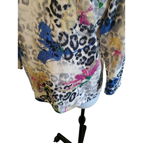 Nancy Bolen City Girl Top Med Y2K Glam Leopard Floral Sequin Knit Beaded Sweater - Picture 4 of 10